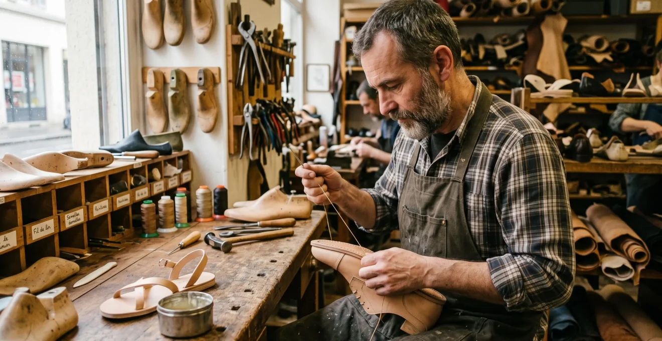 Artisan cordonnier français cousant à la main une semelle en cuir sur une chaussure dans son atelier traditionnel