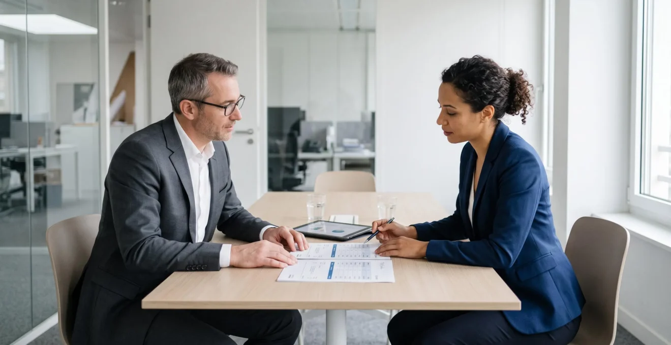 Deux professionnels en négociation commerciale autour de propositions tarifaires pour services de communication, dans un bureau contemporain
