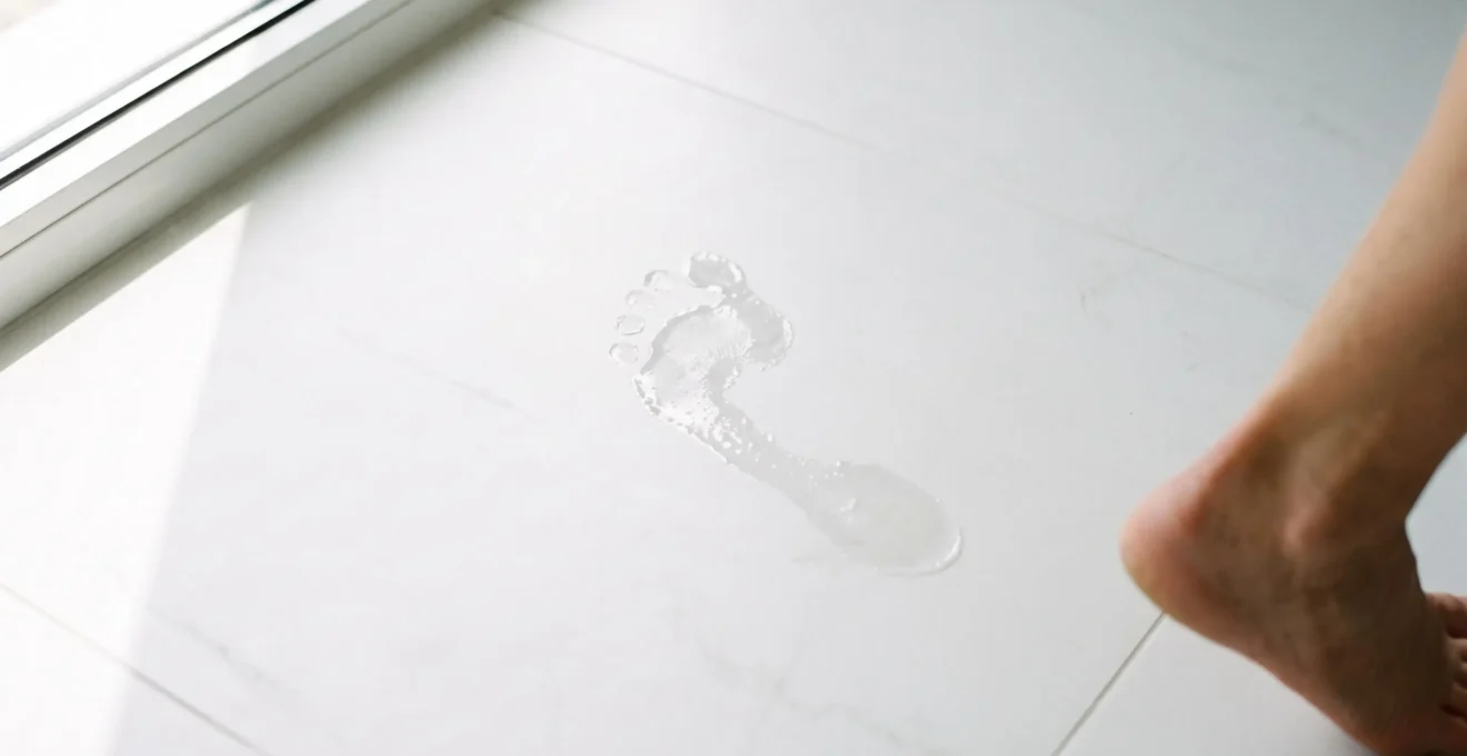 Empreinte de pied mouillé fraîche sur carrelage blanc révélant la forme de la voûte plantaire, avec le pied de la personne partiellement visible