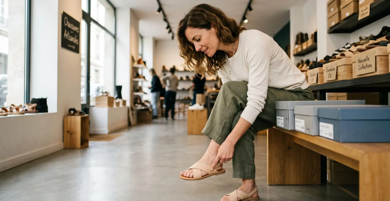 Femme adulte vérifiant la flexibilité d'une sandale en cuir lors d'un essayage dans une boutique de chaussures française