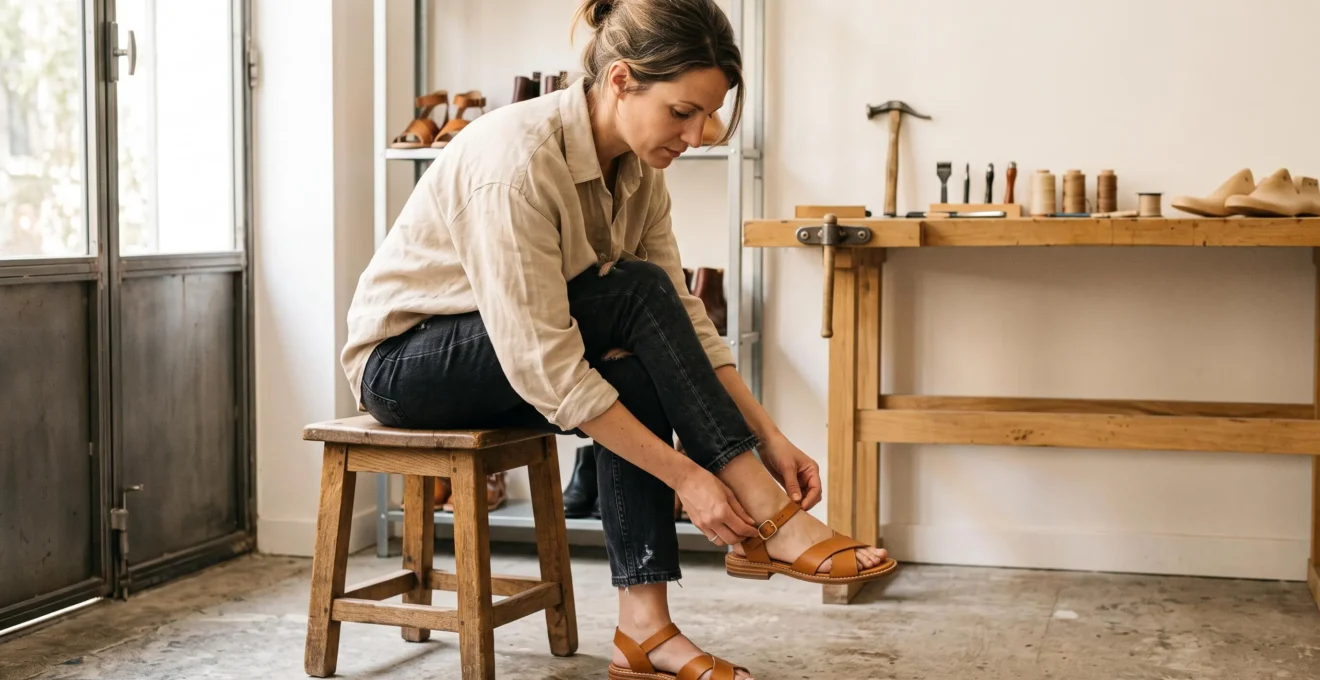 Femme assise essayant une sandale artisanale en cuir camel dans un atelier de cordonnerie français contemporain, avec établi et outils en arrière-plan