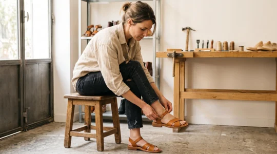Femme assise essayant une sandale artisanale en cuir camel dans un atelier de cordonnerie français contemporain, avec établi et outils en arrière-plan