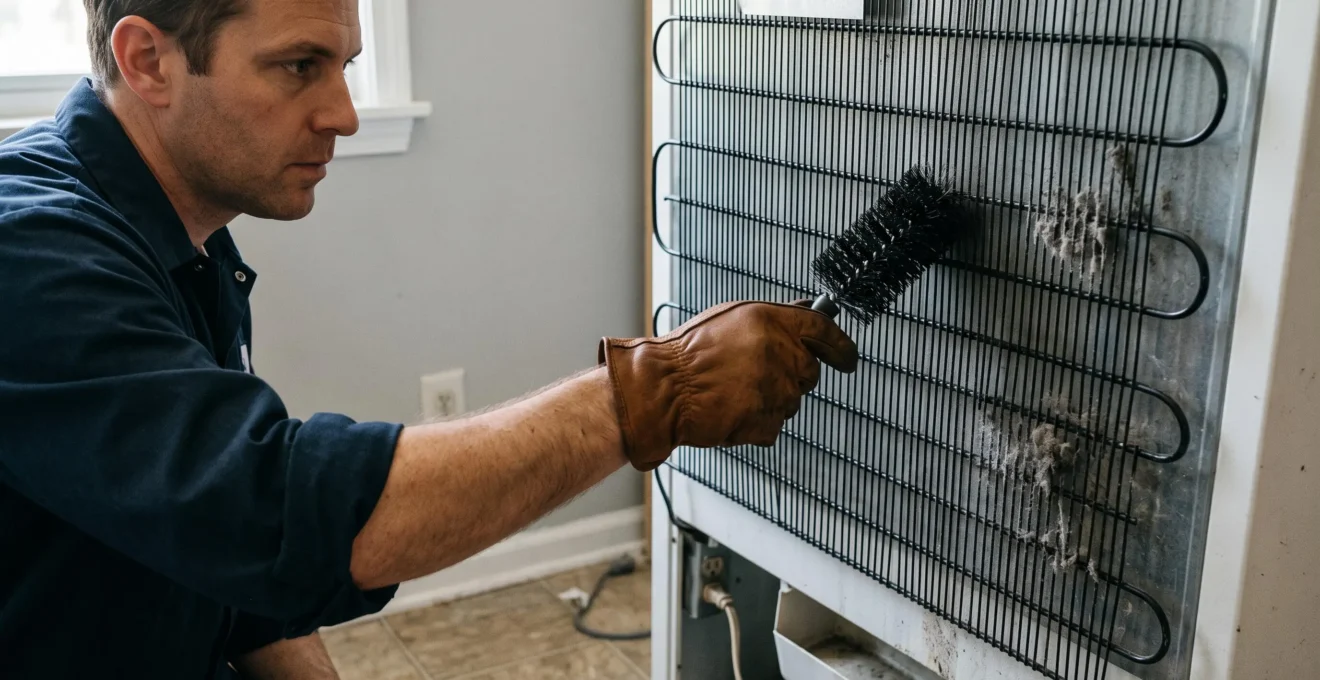 Main gantée nettoyant la grille du condenseur à l'arrière d'un réfrigérateur avec une brosse adaptée lors d'un entretien domestique