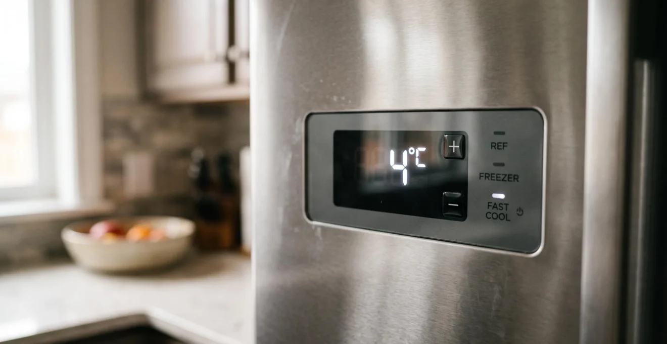 Panneau de contrôle digital d'un réfrigérateur moderne affichant une température réglée à 4°C