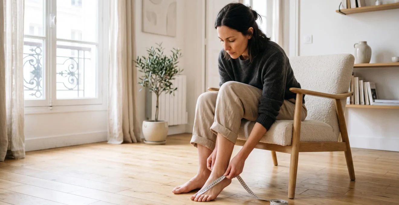 Personne adulte assise examinant attentivement son pied nu avec un mètre-ruban dans un intérieur lumineux contemporain