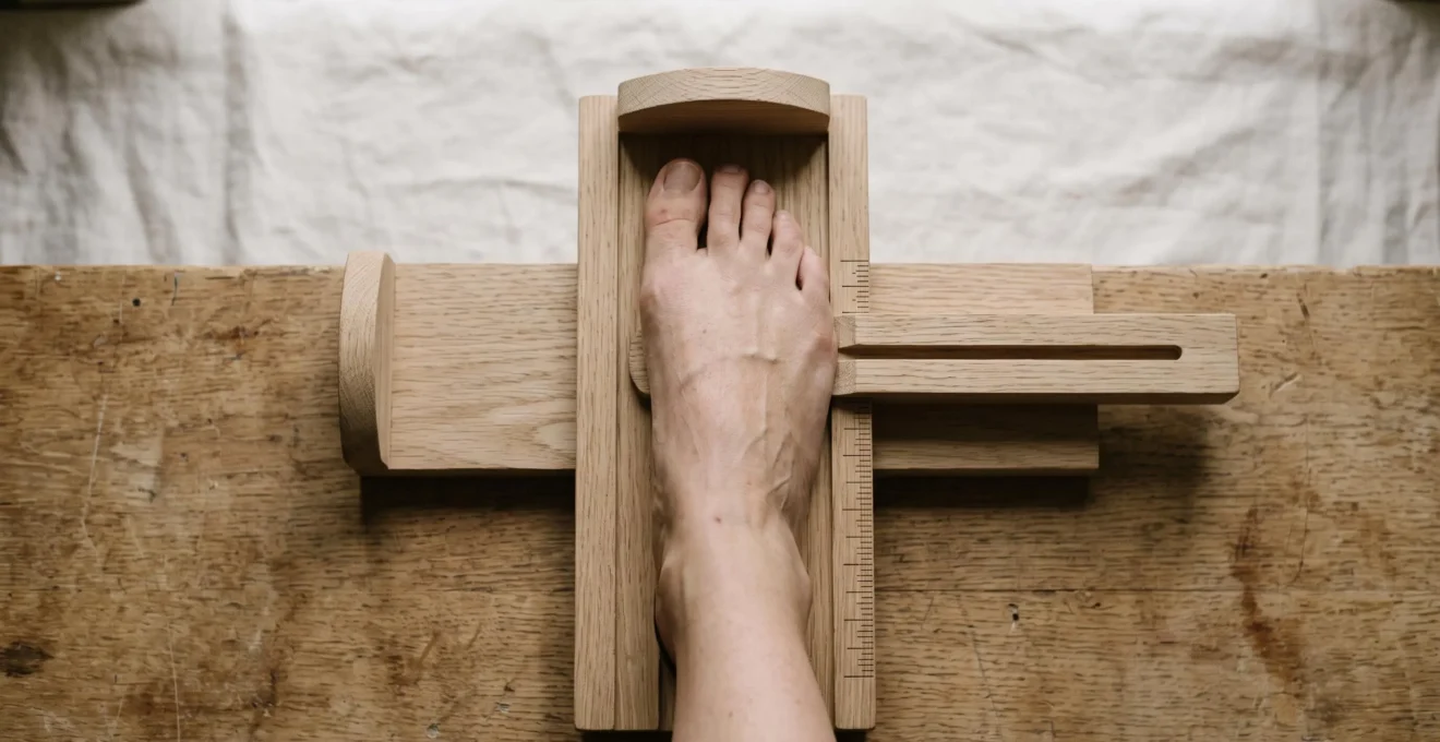 Pied nu posé sur un pédimètre en bois artisanal utilisé pour mesurer la longueur et la largeur du pied dans un atelier de cordonnerie
