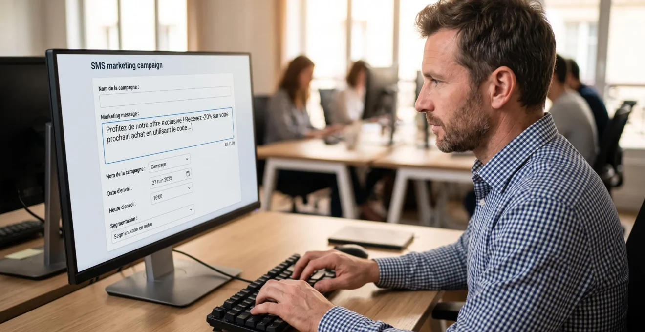 Professionnel en train de rédiger un message de campagne SMS sur interface de plateforme d'envoi, mains sur clavier et regard concentré sur l'écran