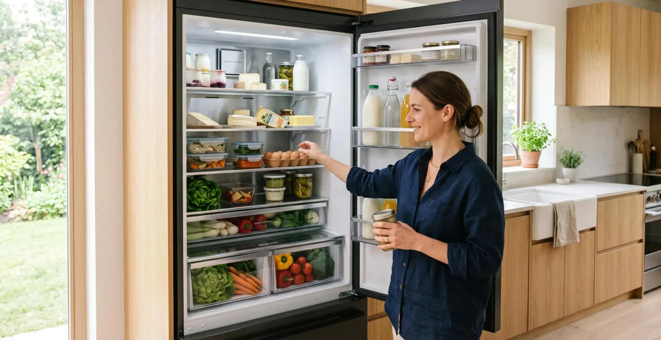 Réfrigérateur moderne encastrable ouvert dans une cuisine contemporaine, montrant une organisation optimale des aliments avec espacement pour la circulation d'air