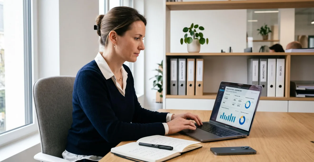 Responsable marketing analysant un tableau de bord de campagne SMS sur son ordinateur dans un bureau professionnel contemporain