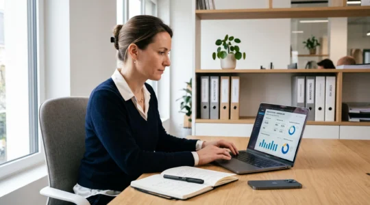 Responsable marketing analysant un tableau de bord de campagne SMS sur son ordinateur dans un bureau professionnel contemporain