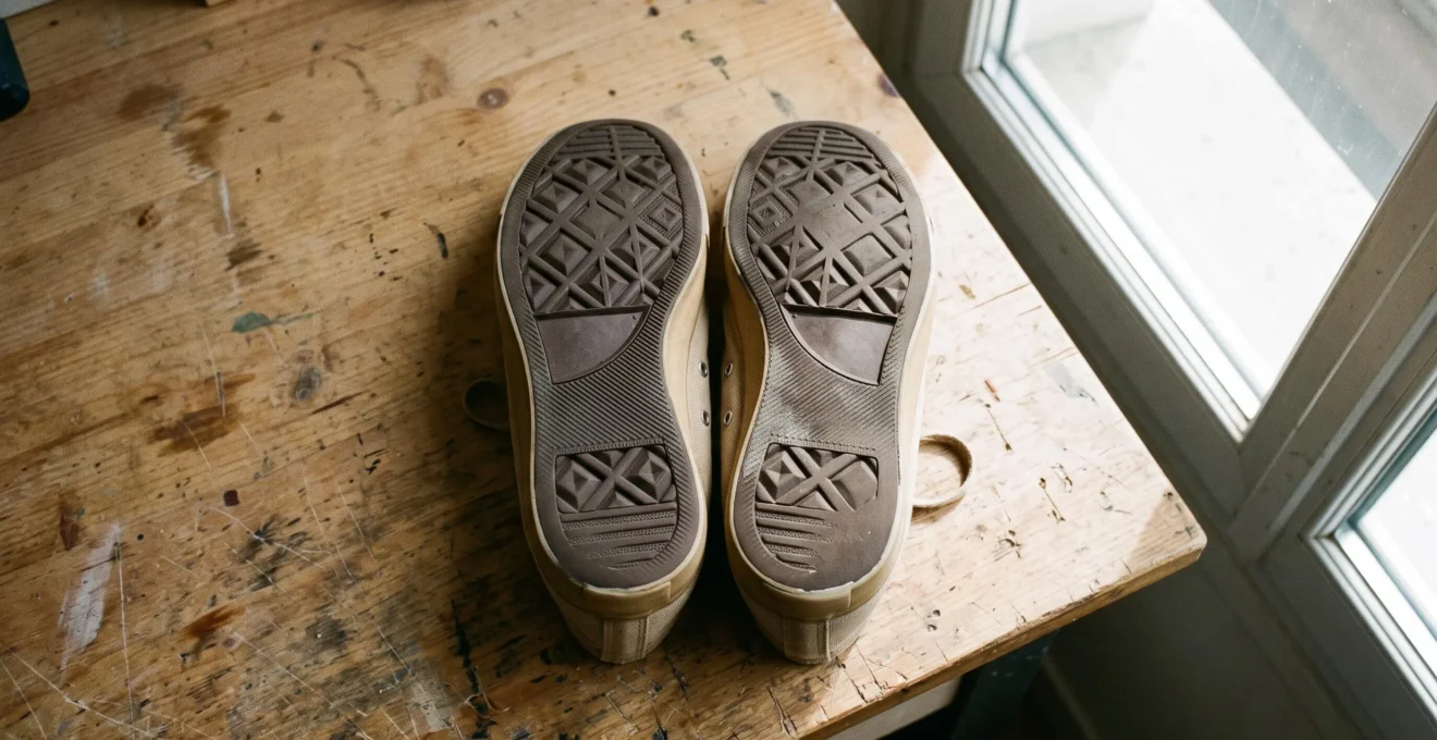 Semelles de baskets usagées vues de dessous montrant une usure asymétrique du bord intérieur révélant une pronation du pied