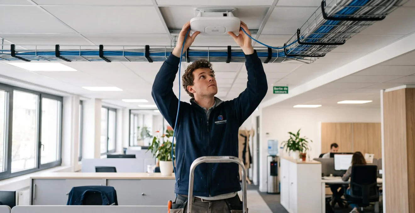 Technicien réseau installant un point d'accès sans fil au plafond d'un bureau d'entreprise française.