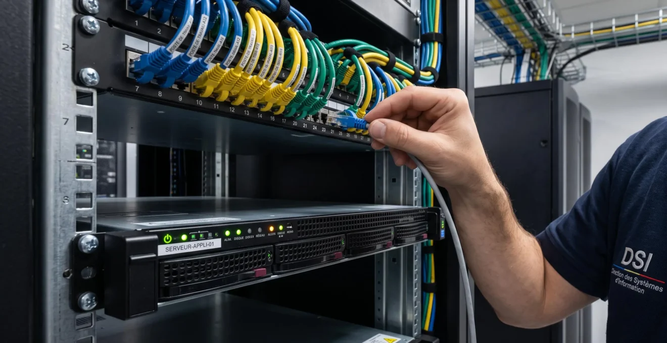 Gros plan sur un serveur d'entreprise actif en rack avec câblage réseau organisé et main de technicien connectant un câble réseau.