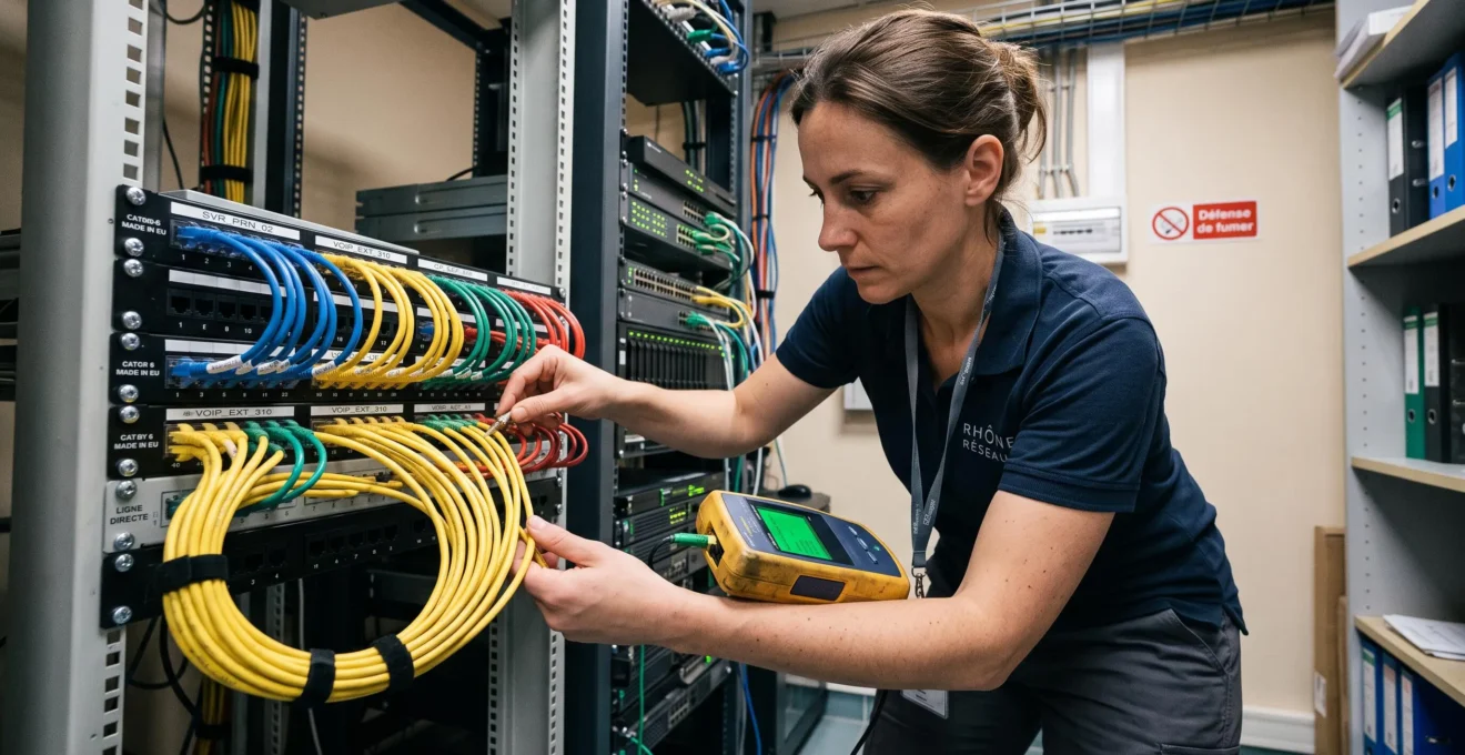 Technicien réseau organisant et testant le câblage structuré sur un panneau de brassage dans un local technique d'entreprise française.