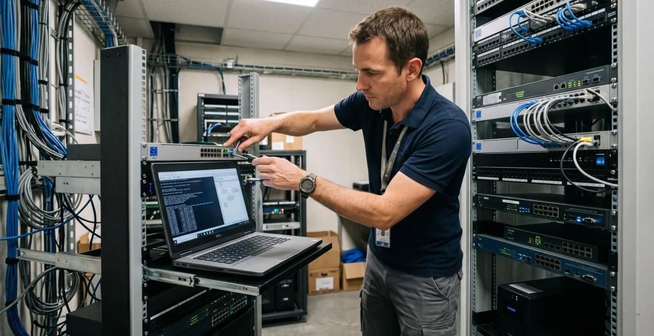 Technicien réseau configurant des équipements réseau d'entreprise dans une salle serveur de PME française.