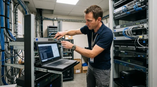 Technicien réseau configurant des équipements réseau d'entreprise dans une salle serveur de PME française.