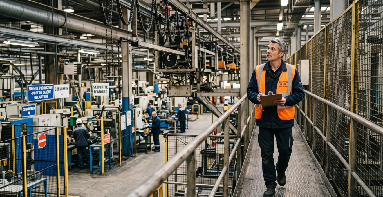 Directeur d'entreprise inspectant les installations de son site de production industriel