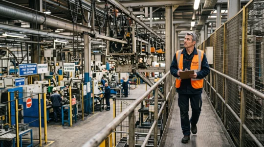 Directeur d'entreprise inspectant les installations de son site de production industriel