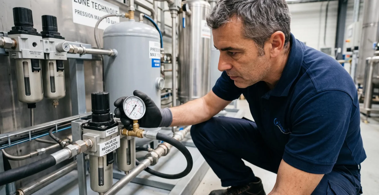 Expert technique inspectant un système hydraulique industriel avec un manomètre de diagnostic