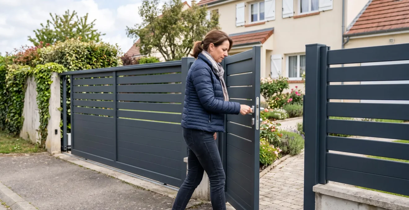 Une femme pousse le portillon aluminium assorti situé à côté du portail coulissant d'une maison.