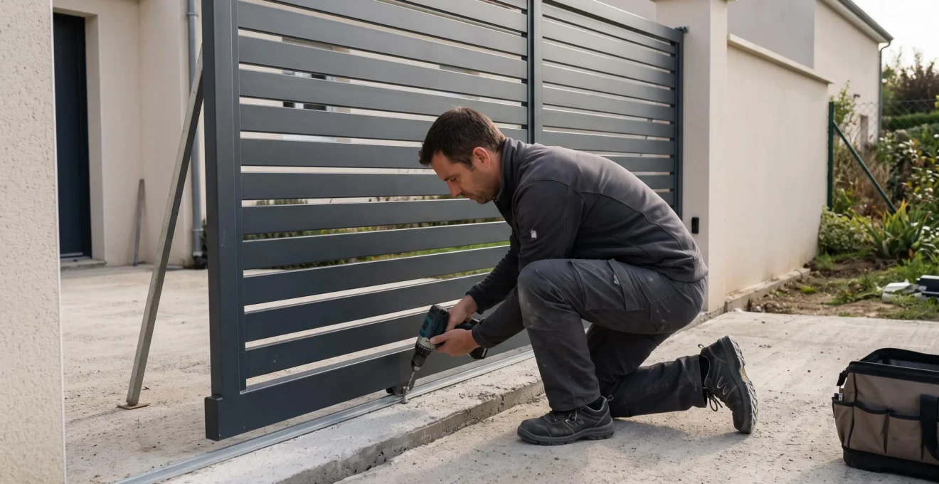 Un installateur fixe le rail de guidage d'un portail coulissant en aluminium à l'aide d'une visseuse sans fil.