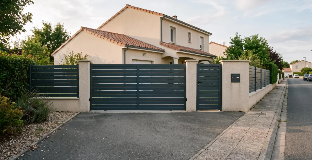 Un portail coulissant en aluminium anthracite assorti à un portillon et à une clôture devant une maison française contemporaine.