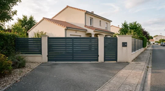 Un portail coulissant en aluminium anthracite assorti à un portillon et à une clôture devant une maison française contemporaine.