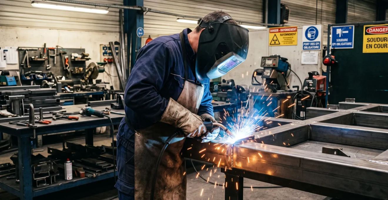 Ouvrier qualifié réalisant une opération de soudage MIG sur une fabrication métallique en atelier