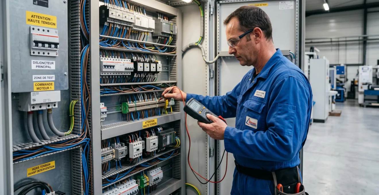 Technicien effectuant des contrôles sur un tableau électrique industriel avec un multimètre