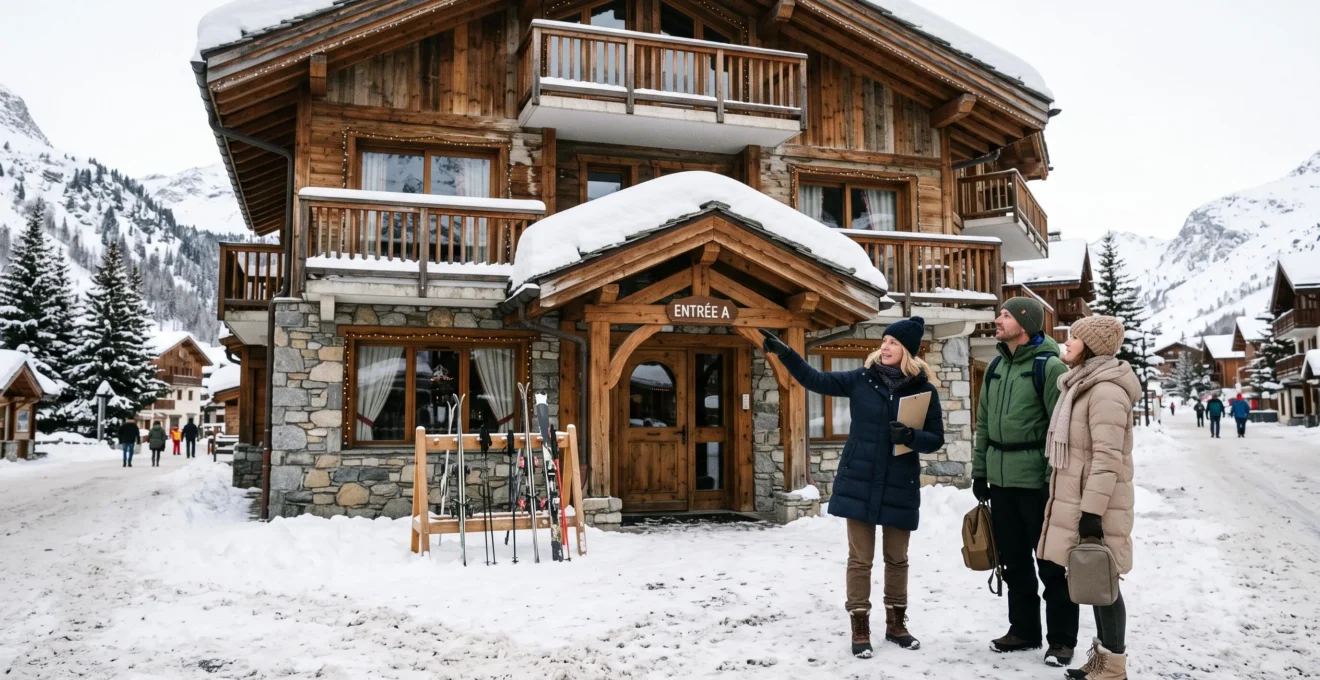 Un agent immobilier présente un chalet à un couple dans une station alpine.