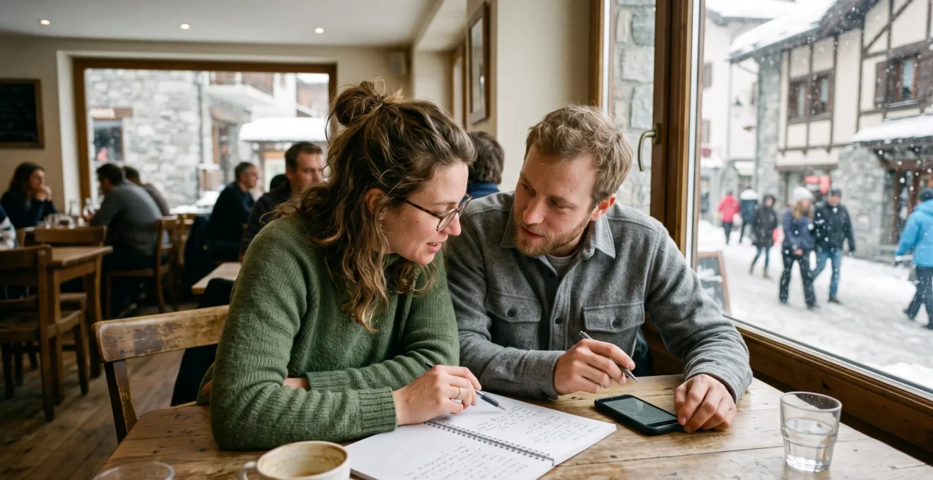 Un couple compare ses notes dans un café pour choisir une agence.