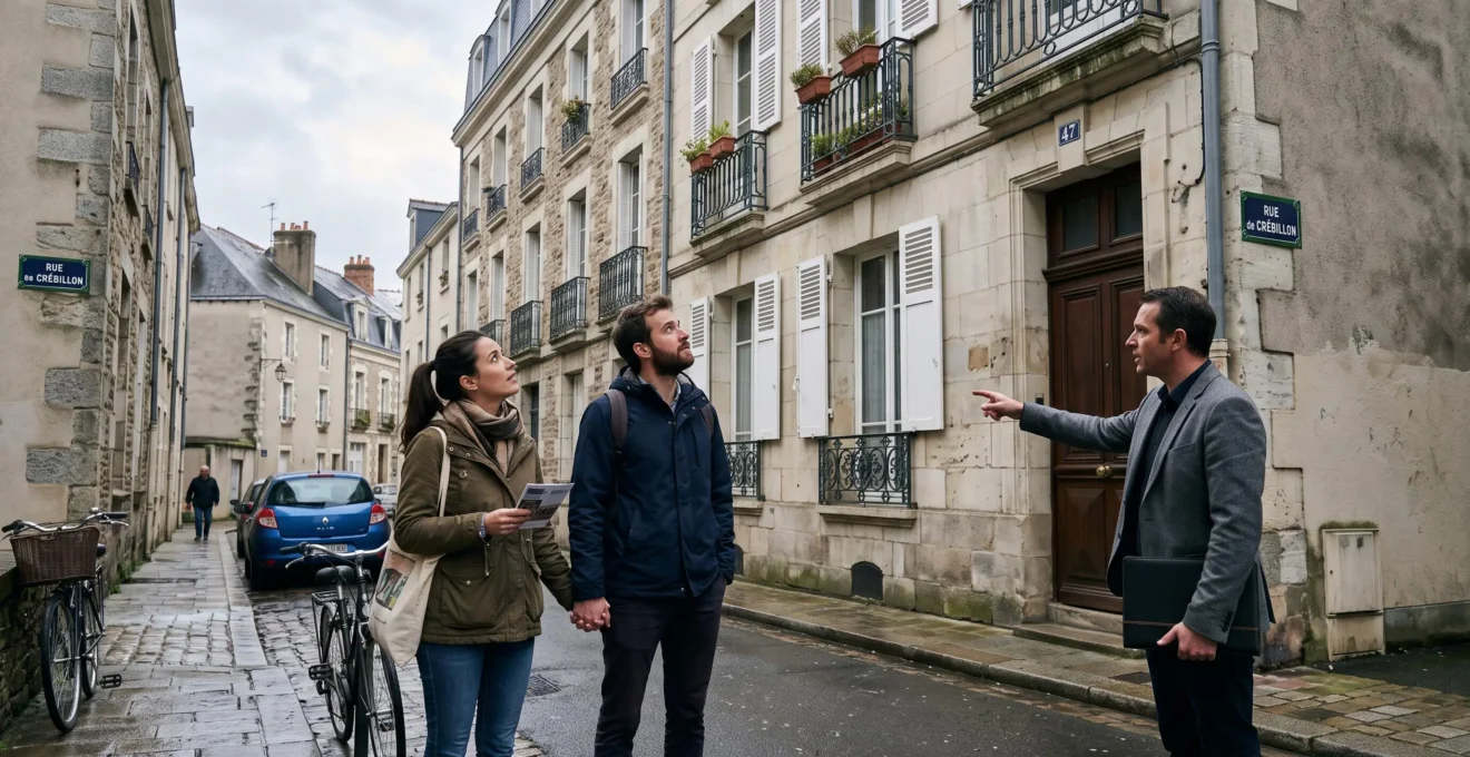 Un couple visite une maison à vendre dans une rue résidentielle de Nantes.