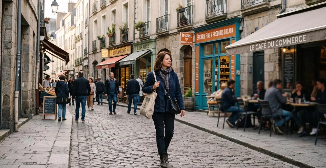 Une femme explore à pied les commerces d'un quartier nantais.