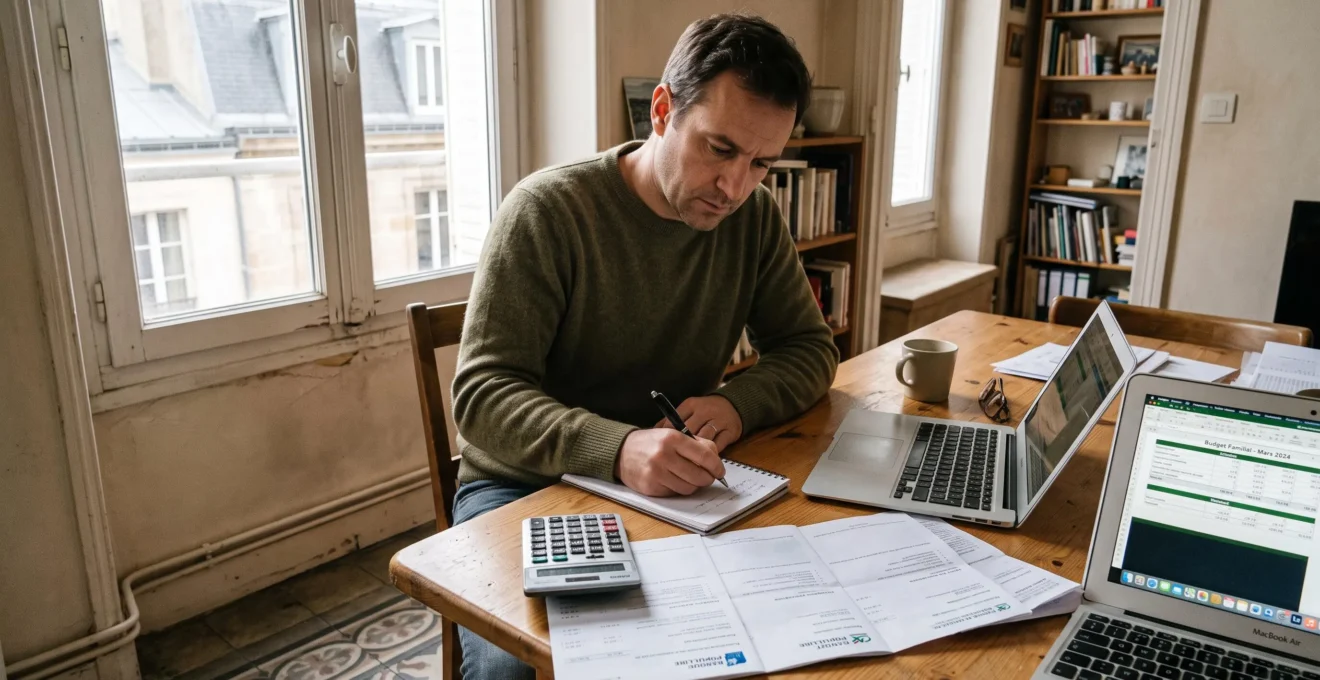 Un homme calcule son budget immobilier sur une table de cuisine.