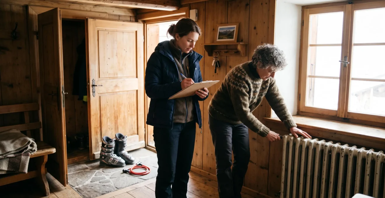 Un gestionnaire et un propriétaire inspectent un appartement de location en montagne.