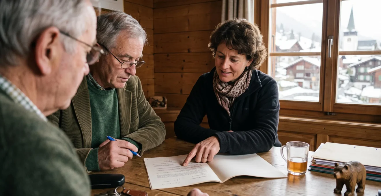 Un propriétaire vérifie un document avec un agent dans un bureau de montagne.